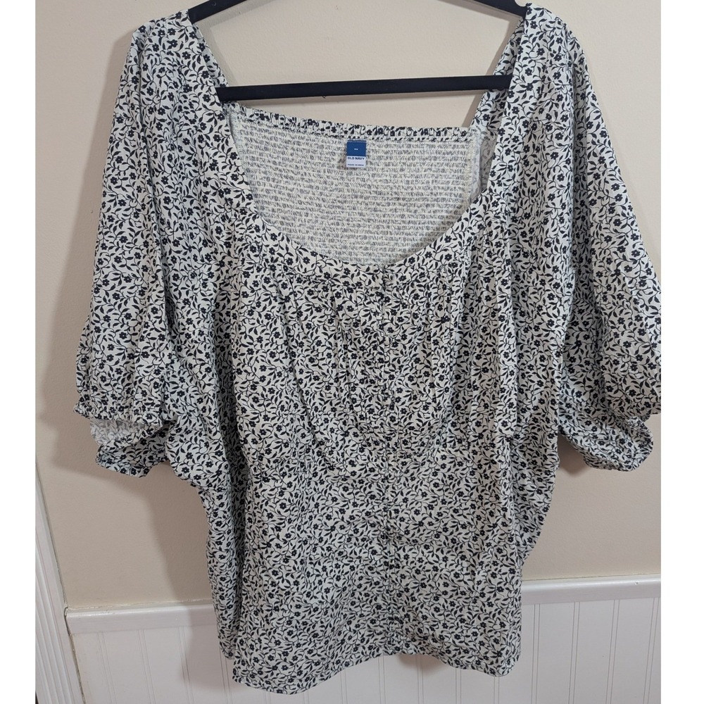 Old Navy Womens 4X Floral Smocked Square Neck Puff Sleeve Blouse Black White